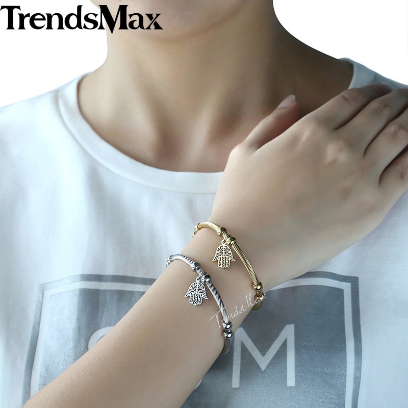 Kvinners armbånd hjerte tre hånd sjarm armring gull farge rustfritt stål armbånd for kvinne smykker 3mm kkgm 45