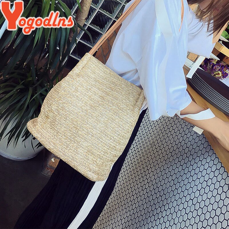 Yogodlns – sacs de plage en paille pour femmes, sac seau tissé en lin, grands sacs à main décontractés, fourre-tout tricoté en rotin, sac à bandoulière