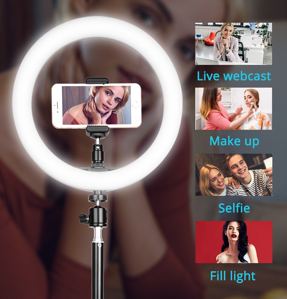 Travor Fotografie LED Selfie Ring Licht Dimbare Foto Video Light met Statief Telefoon Houder Voor Make Video Live Studio