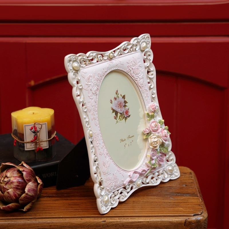 Marco de fotos de resina cálida de la serie Pink Rose Imitation Pearl, marco de fotos de escritorio para el hogar