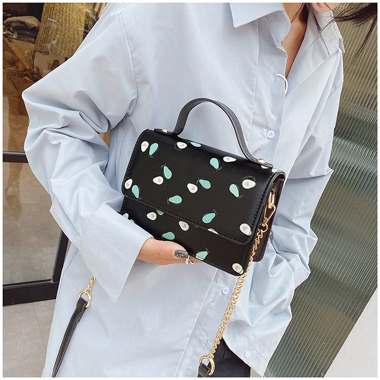 Bolso de verano con estampado de aguacate para mujer y niña, bolsas de mensajero de hombro con solapa, cadena cruzada: Black