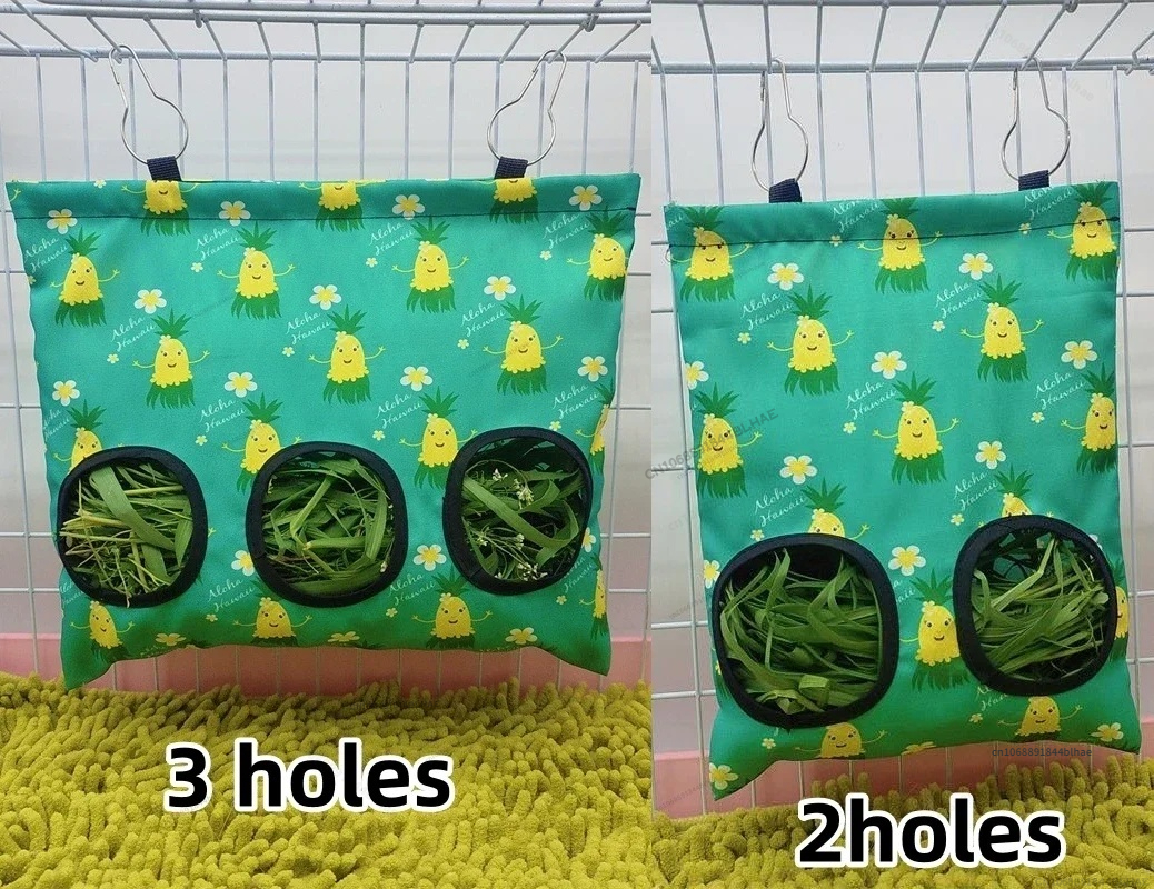 Bolsa de heno colgante con 2/3 agujeros para conejitos, conejillos de indias, comedero para animales pequeños, dispensadores de comida para conejos, accesorios para jaula, bolsa de alimentación para mascotas: S / Multicolor