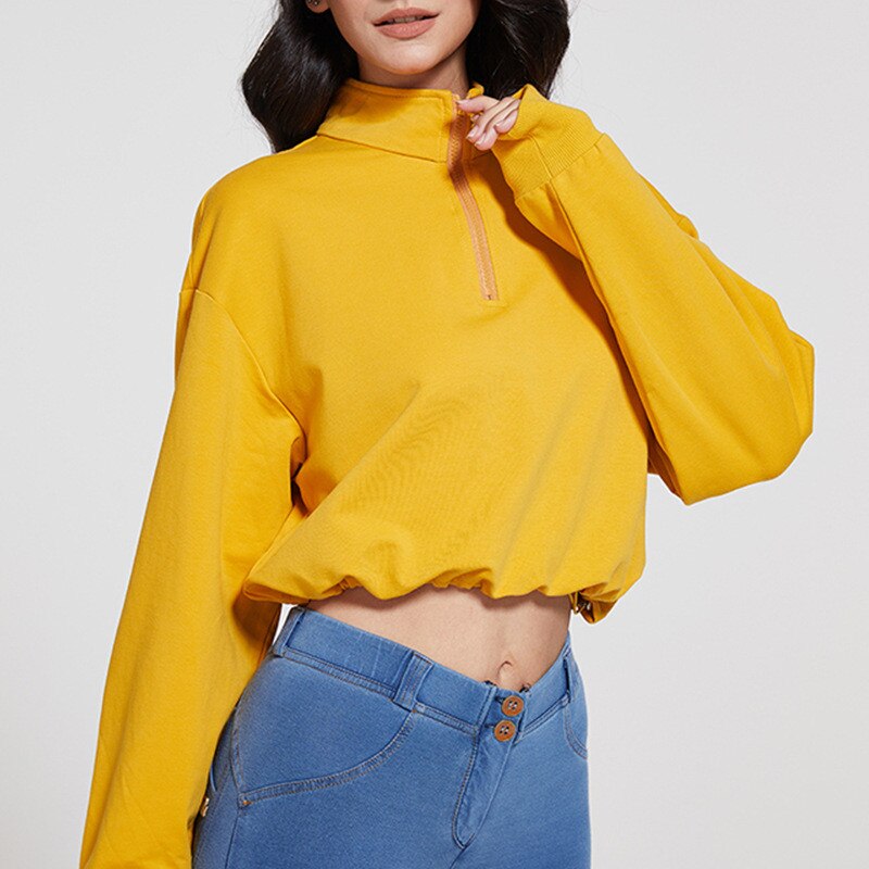Sudadera holgada con cremallera y cordón para mujer, Top deportivo de algodón, sudaderas informales de manga larga con media cremallera, camisa de Yoga, ropa de Fitness: M / Turmeric