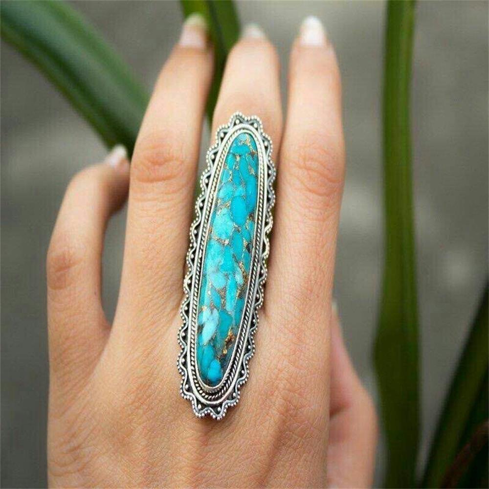 Creatieve Indische Stijl Groen Turquoise Ring Vrouwen Mannen Grote Blauwe Vintage Vinger Ring Sieraden Groene Grenen Steen Ring