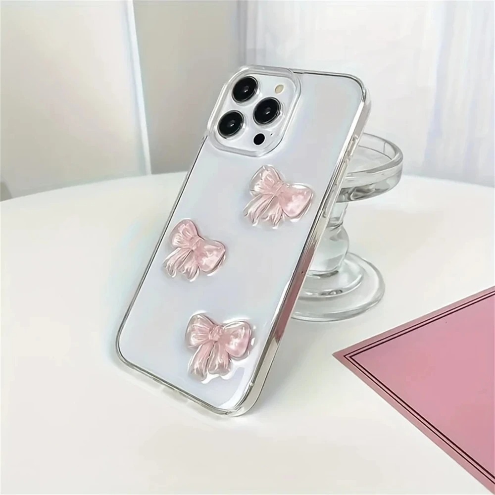 Bonita funda de teléfono con lazo rosa 3D para iPhone 16 Pro Max 15 14 13 12 11 Pro 7 8 Plus X XS XR SE2, carcasa epoxi para chica, funda suave transparente