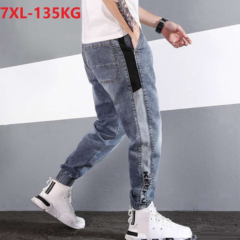 Efterår mænd high streetwear jeans tidevand brevbukser patchwork løs plus størrelse harlan bukser elastisk stretch jeans 56 58 60