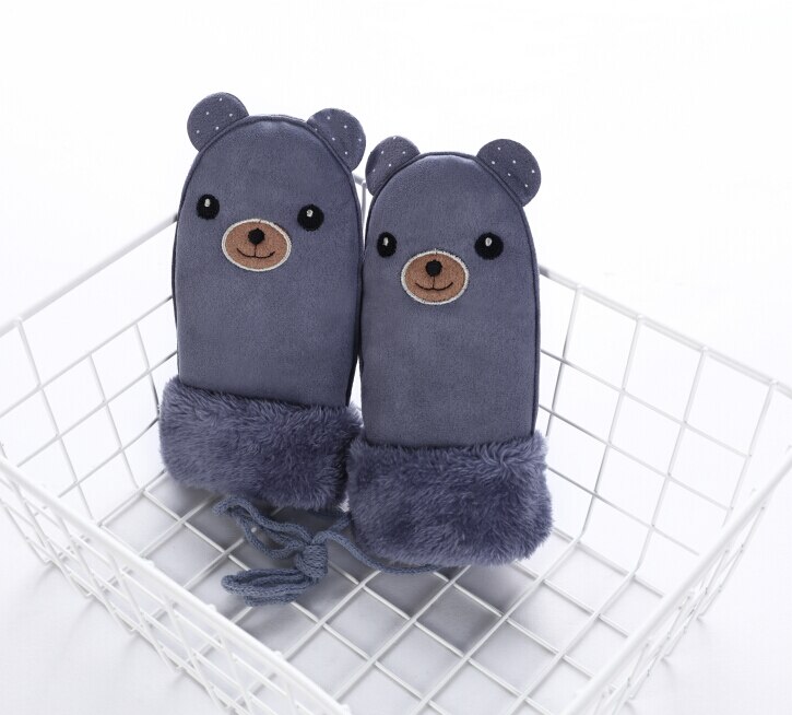 Winter kinder jongens meisjes winter handschoenen beren patroon zachte dikke sneeuwbal vechthandschoenen: Zwart