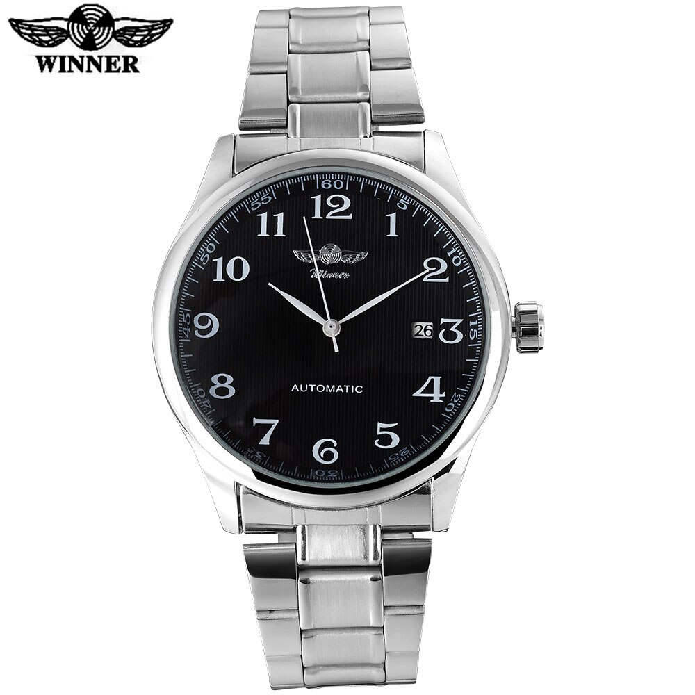 Winnaar Mode Casual Mannen Machanical Horloges Roestvrij Stalen Band Silver Case Luxe Automatische Horloges Relogio Masculino: black