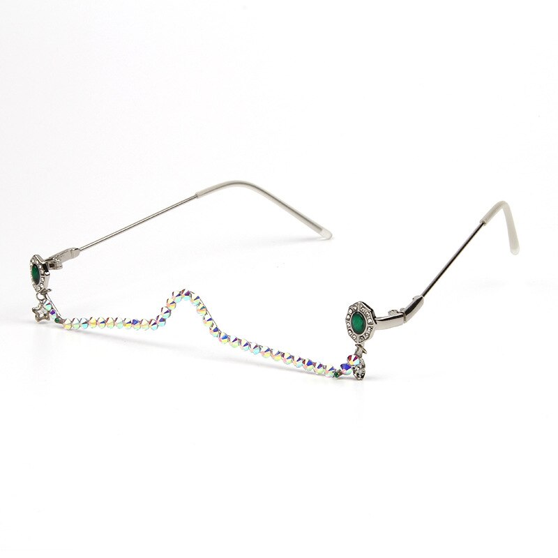 47163 Water Pendant Half Frame Rhinestone Glasses Frame Women Diamond Chain Ladies Shades Lensless Handmade Eyewear: green