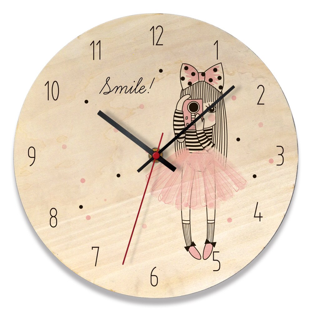 Horloge murale en bois nordique moderne 3D décoration en bois fille chambre dessin animé mignon horloge murale montre murale décoration de la maison: D