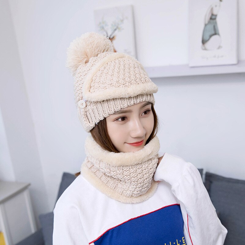 Håndstrikkede hatte kvinders hat vinterkold hatdragt koreansk varme hatte kombination: Cremefarvet