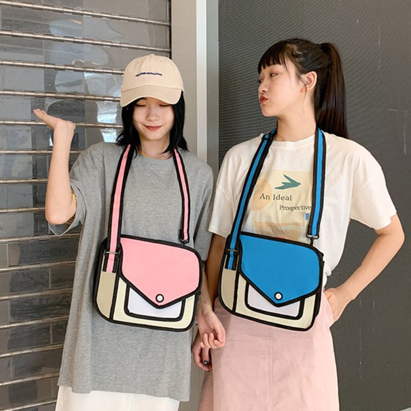 Frauen 2D Schulter Schule Tasche 3D Zeichnung Karikatur Papier Comic Crossbody Handtasche LX9F