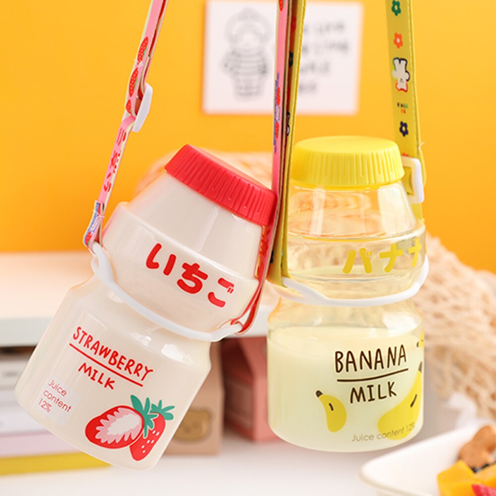 Plastic Water Bottle Tour Drinking Bottle lanyard Yakult Shape Cute Kawaii Milk Carton Shaker Bottle for Kids/Adult