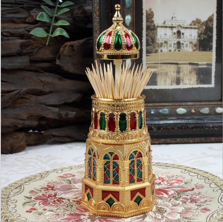 European tower shape automatic toothpick dispenser metal toothpick holder for toothpicks stash container for teethpickers YQT037