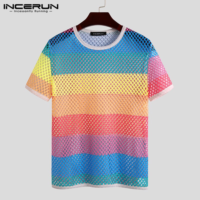Camiseta de malla para hombre, camisetas degradadas de manga corta a la , blusa transparente con Tie Dye, ropa de calle, camisetas para fiestas en club nocturno, 7