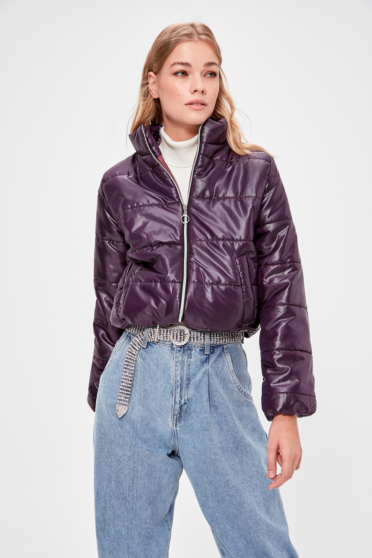 Trendyol Damson Zipper It Should Cover Upright Collar Inflatable Crop coats TWOAW20MO0088