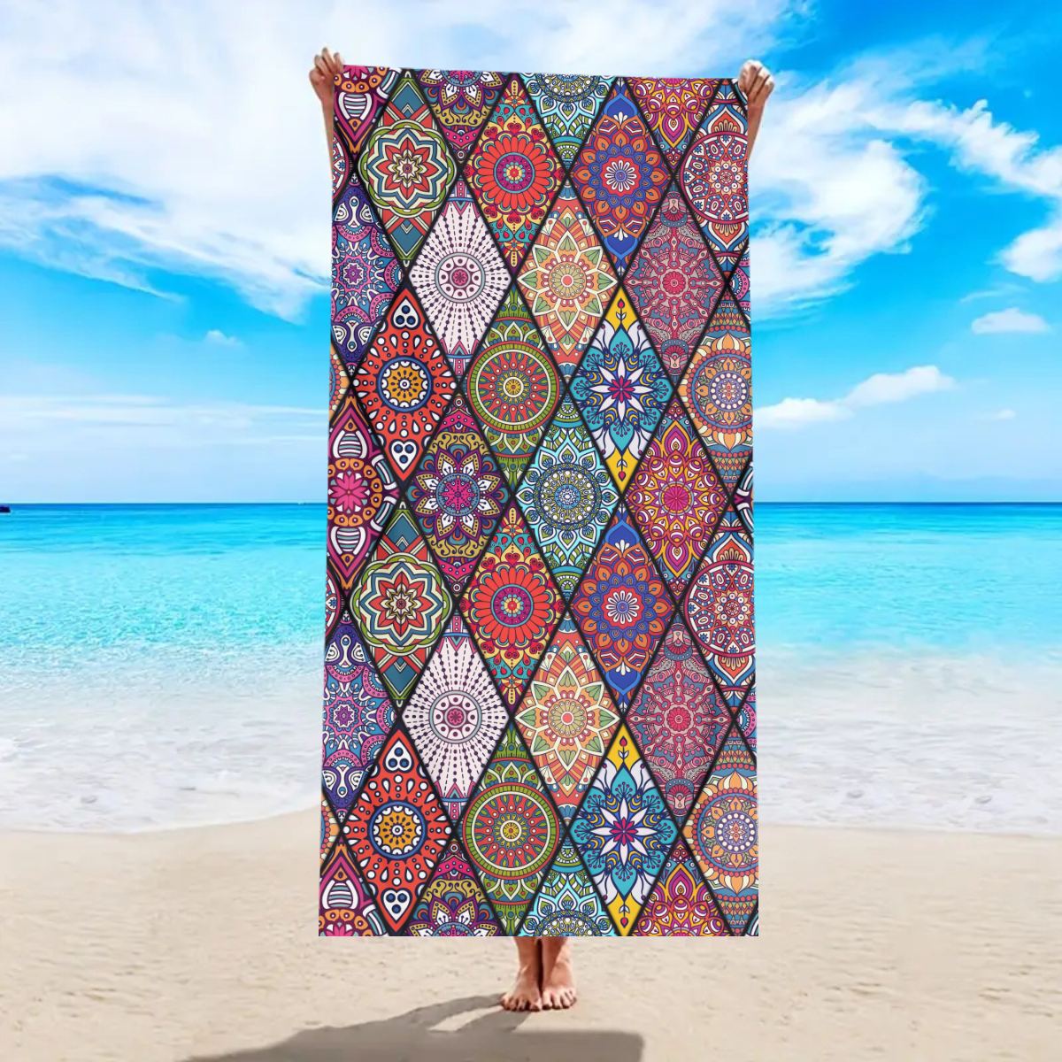 1pc Boheemse grote strandlaken, gestreepte bloemliefde bedrukte badhanddoek, buitenzwemmen, , camping strandlaken: S / Rood