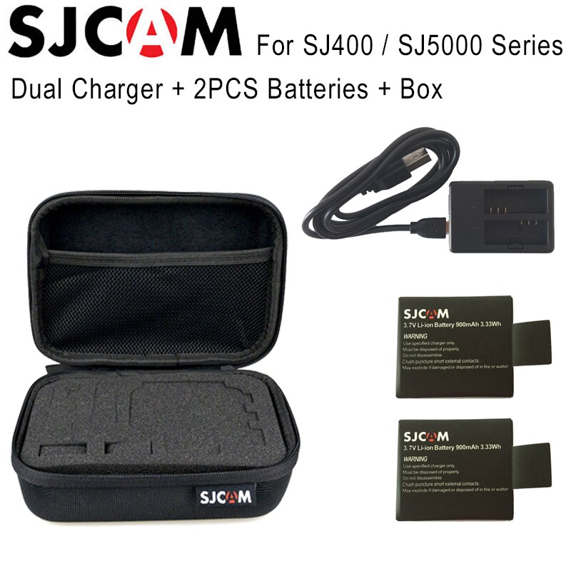 Originele 2 STUKS Batterij 900mAh Oplaadbare Li-Ion Batterij + Dual Charger + SJCAM Medium Size Opbergdoos Voor SJ4000 SJ5000 Serie
