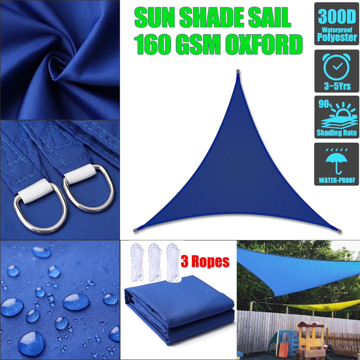 Blue 300D 8 SIZES Regular Triangle Shade Sail Waterproof Polyester awning Sun Outdoor Sun Shelter garden Camping Canopy shed