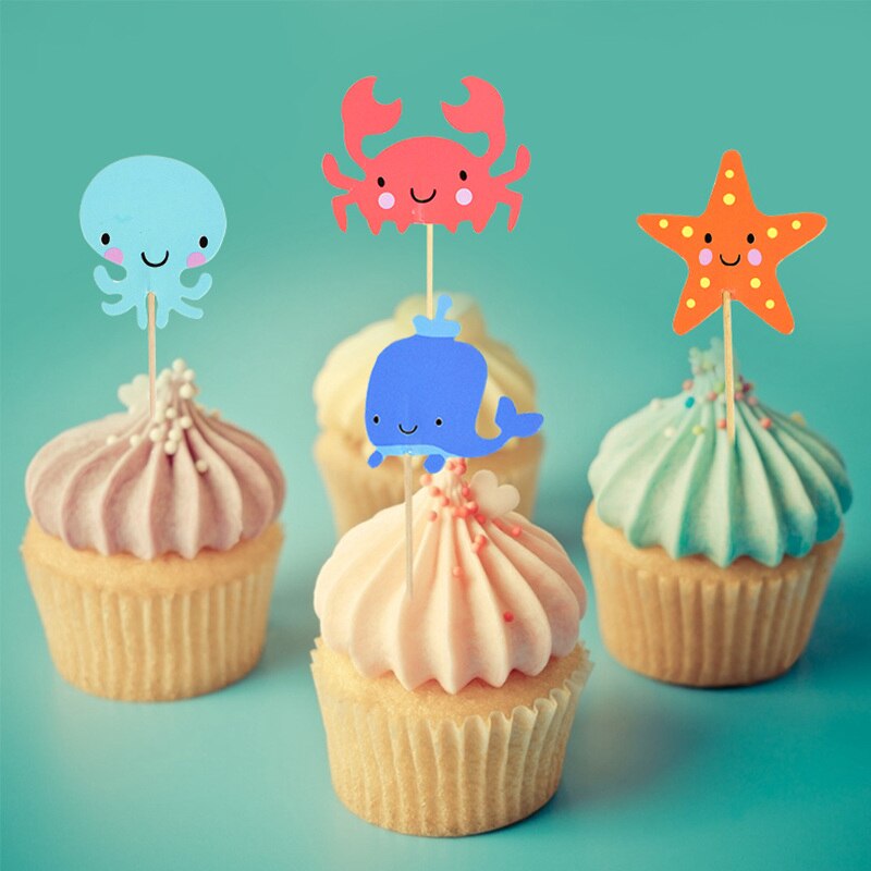 24 pçs oceano animal cupcake toppers sob o mar festa bolo bandeiras menino chá de fraldas tema sereia festa de aniversário bolo decorações