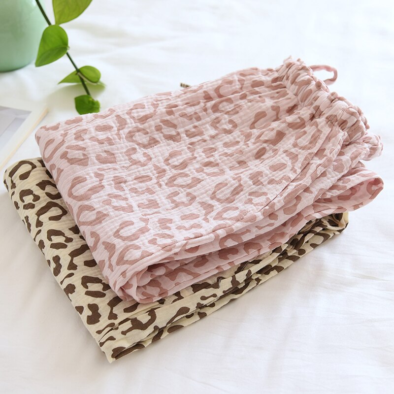 Japanese leopard print cotton pajamas women summer thin double layer gauze casual home trousers spring and autumn sleep bottoms