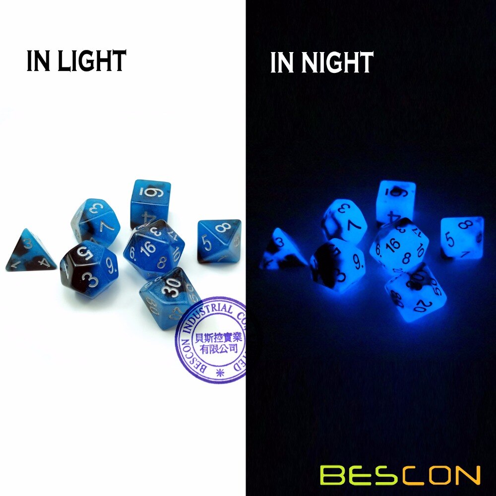 Bescon Twee-Tone Glow-In-The-Dark Polyhedrale Dobbelstenen Set Blauw Dawn, lichtgevende Rpg Dobbelstenen Set D4 D6 D8 D10 D12 D20 D % Baksteen Box Pack