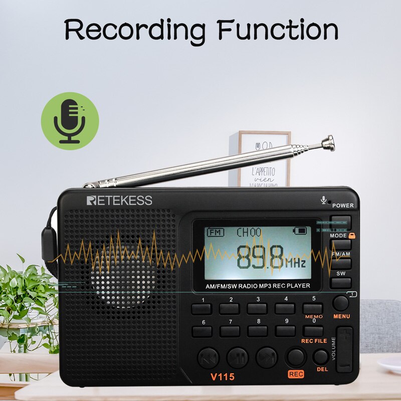 2Pcs Retekess V115 Fm/Am/Sw Radio Multiband Radio Ontvanger Bass Sound MP3 Speler Recorder Draagbare Radio met Sleep Timer F9205