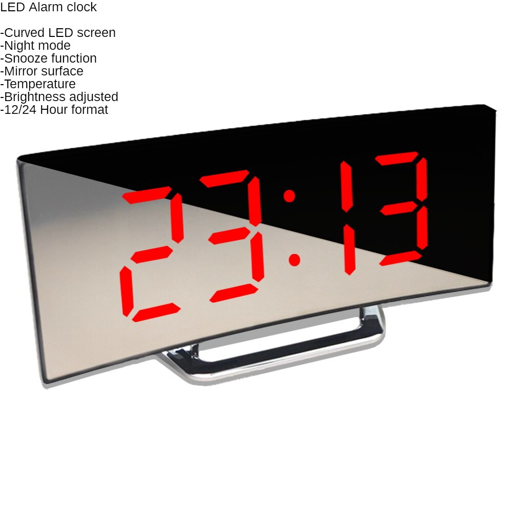 Digital Alarm Clock Desk Table Clock Curved LED Screen Clock Bedroom Temperature Snooze Function Home Decor for Kids: Red