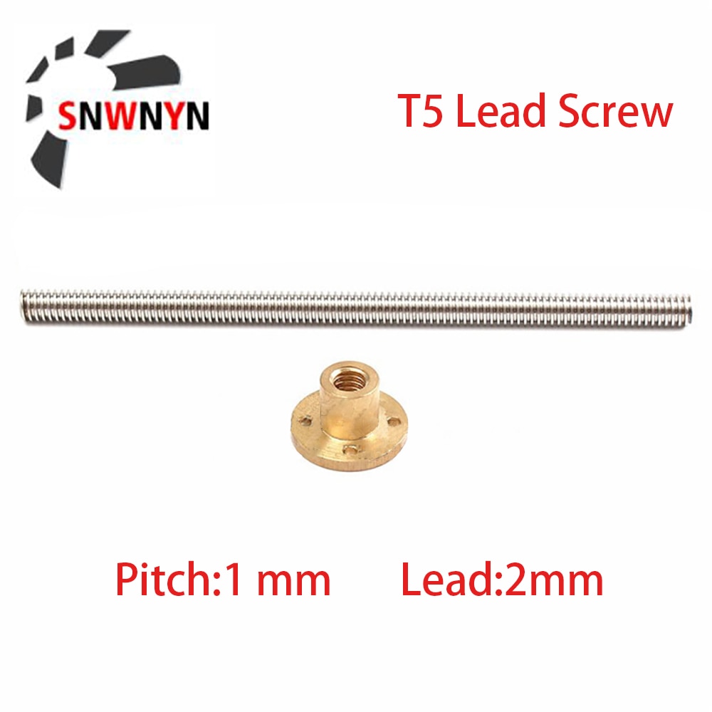 T5 Lead Screw Picth 1mm Lead 2mm 100 200 400 500 800 1000mm For 3D Printer + Brass Nut
