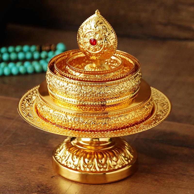 Tibetischen Buddhismus Manza Acht Günstigen Symbole Kupfer vergoldet Tablett Platte Goldene Farbe