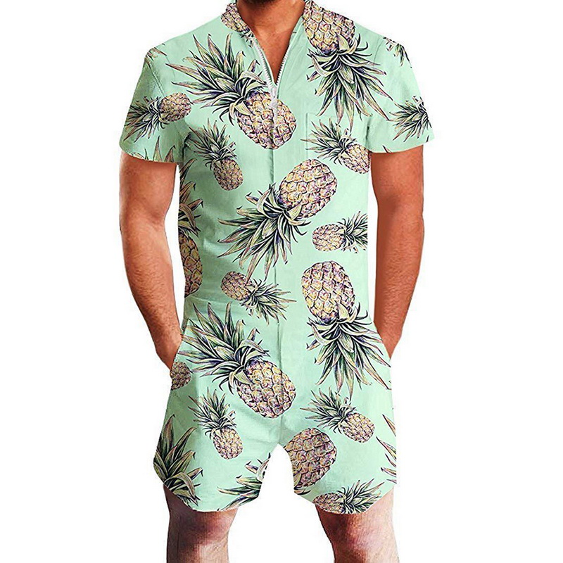Mannen Jumpsuit Korte Mouw Sets Zomer Casual Button Jumpsuits Overalls Flamingo Pinapple Print Casual Kleding Mono Hombre