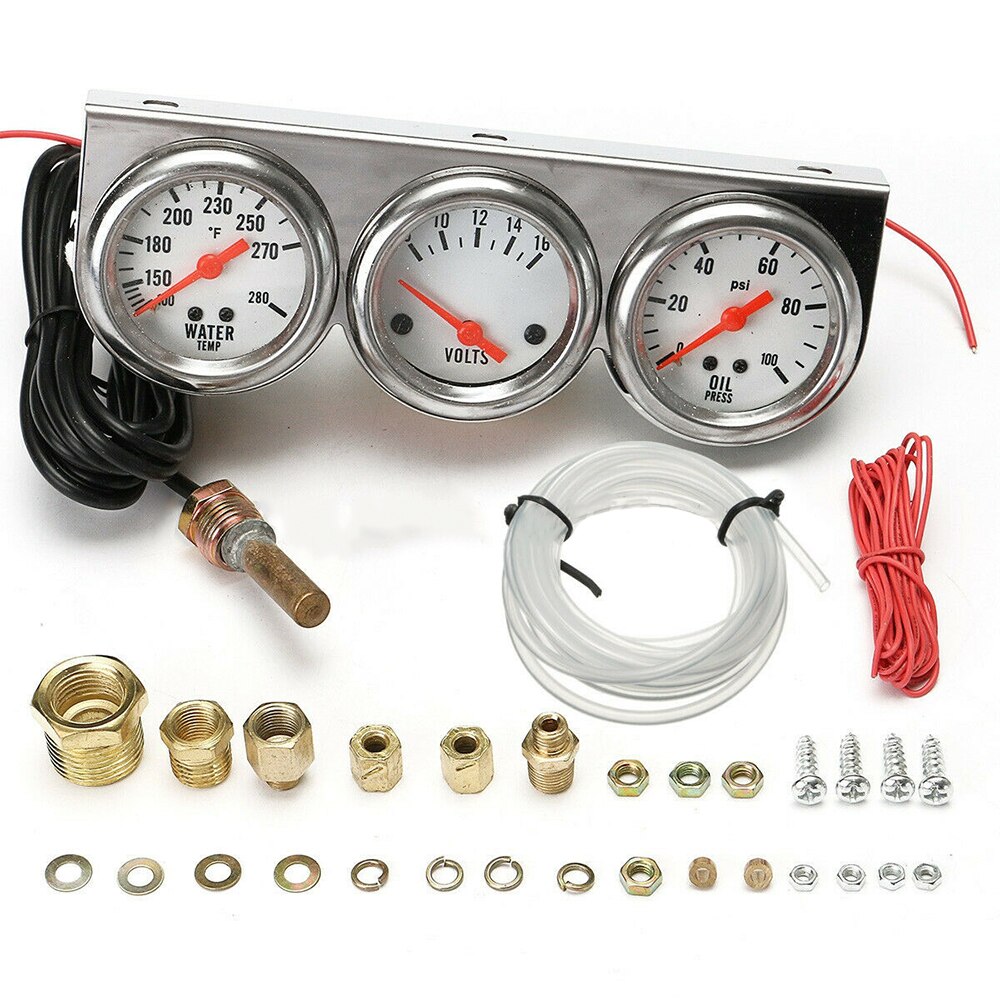 2'' 52mm Chrome Car Triple Gauge Kit 3 in 1 Auto Car Oil Pressure Volts Water Temp Meter Gauge Chrome Car Meter Dashboard