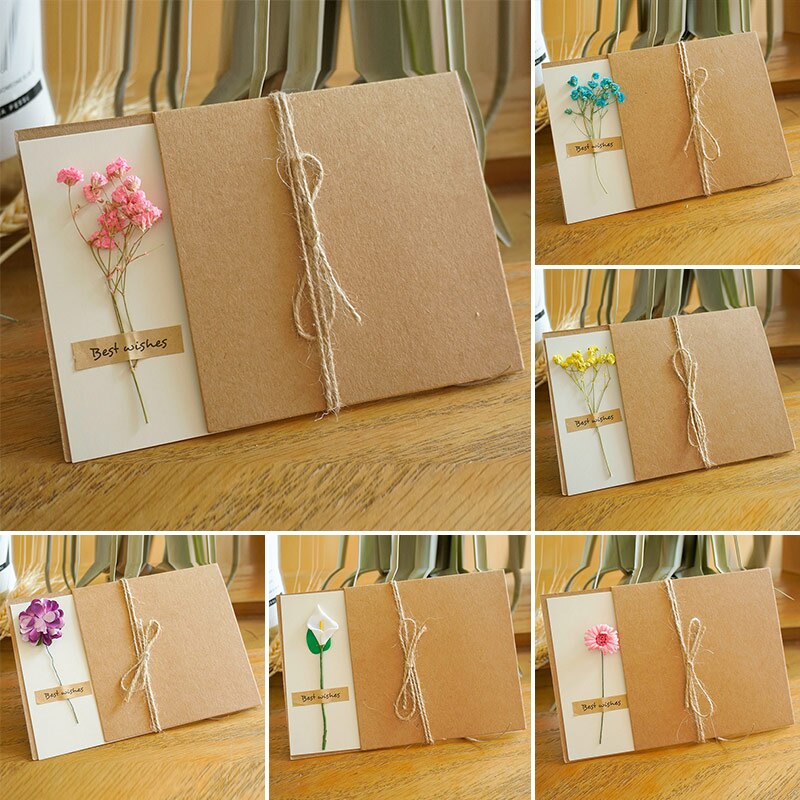 DIY Kraft Paper Handmade Dried Flowers Invitation Greeting Card Happy Birthday Grateful Thank You Card Christmas Wedding Favors
