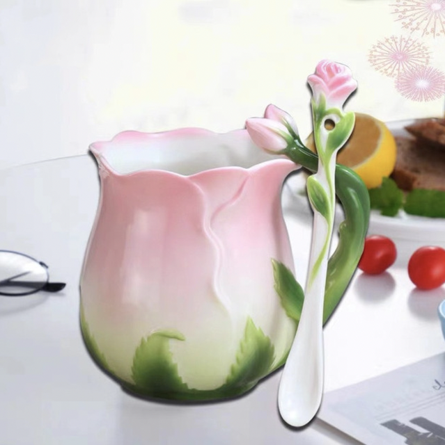 NOOLIM 3D Rose Coffee Cup Enamel Tea Cup Set With Spoon Saucer Cups Ceramic European Bone China Drinkware: Dark Gray