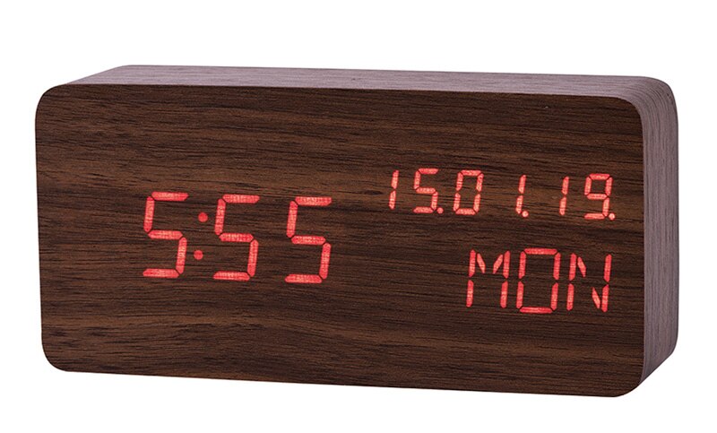 Jinsun Tafel Klok Geluid Controle Desktop Lichtgevende Wekker Voor Kinderen Houten Kalender Moderne Verstelbare Helderheid: brown-red