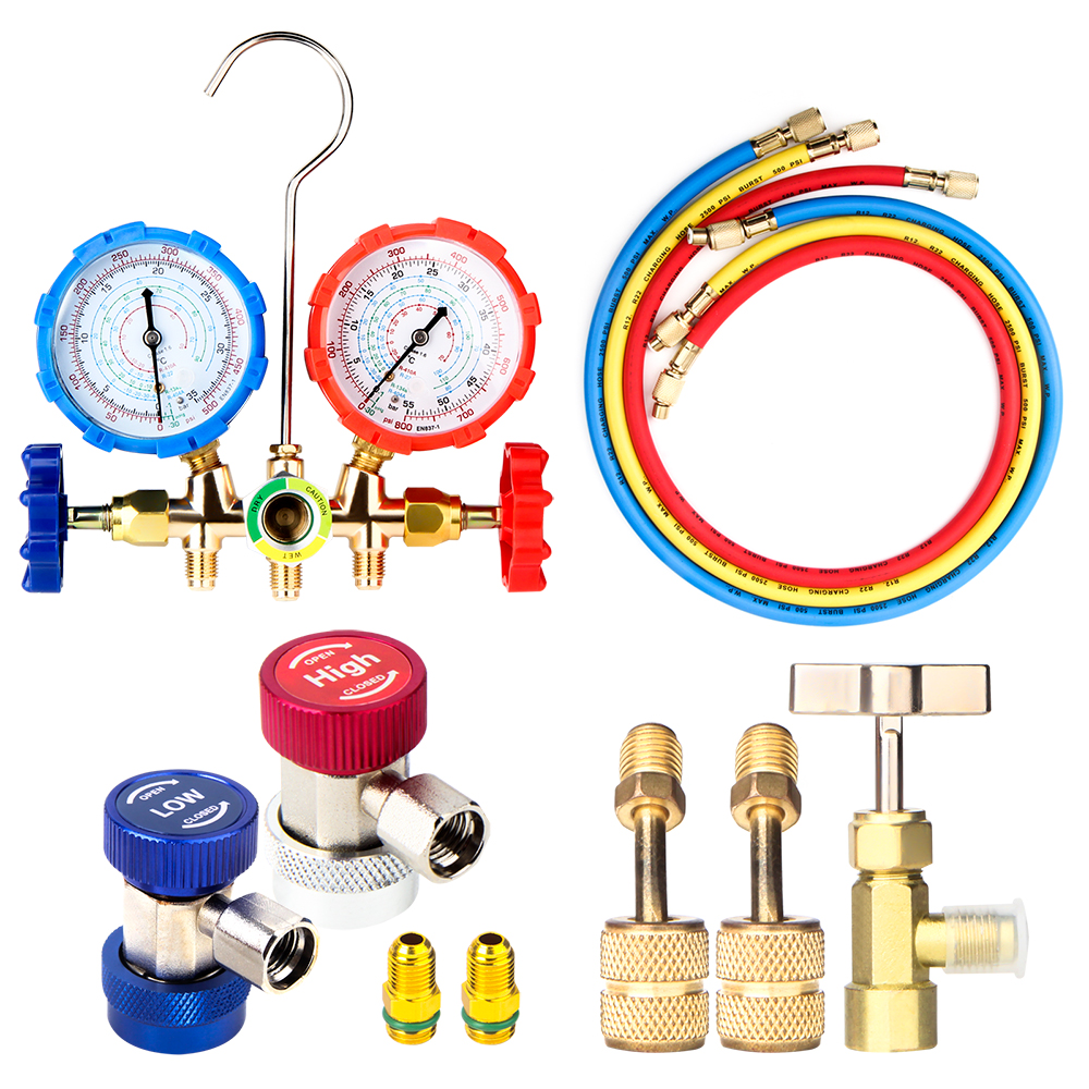 Air Conditioning Pressure Gauge with Hose and Hook 3 Way AC Diagnostic Manifold Gauge Set for Freon For R12 R22 R404A R134a: Pink