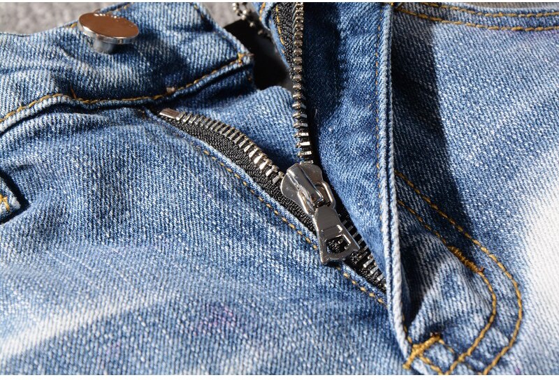 Herr manlig man kokospalmtryckt färgade slitna jeans slim fit hål distressed stretch jeansbyxor