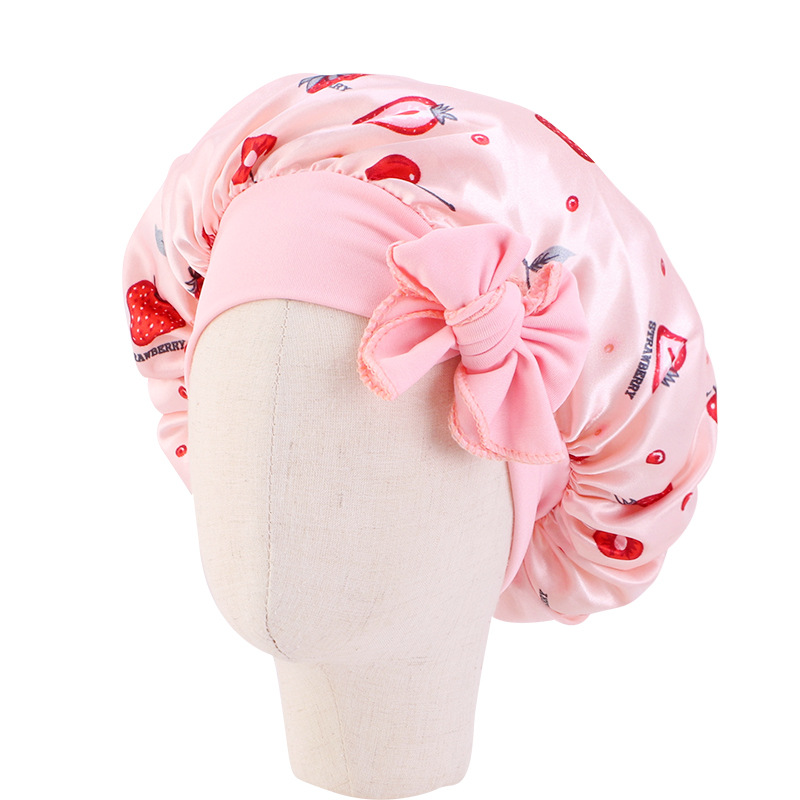 Gorro de satén para dormir para niño y niña, gorro de ducha de seda para niño, gorro de pelo para niño y niña, gorro de dormir de seda con lazo de banda estampado de flores: Sandía roja