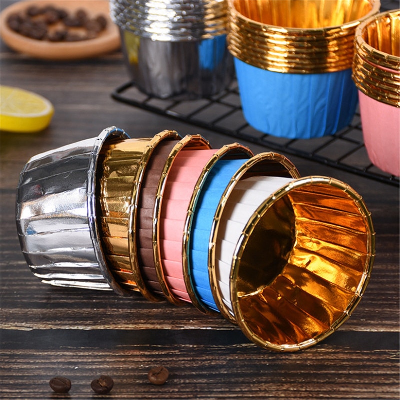 50 st stora 5039 aluminiumfolie omslagspapper guld silver cupcake liner bakformar plåt fodral bröllop muffins pappersmugg