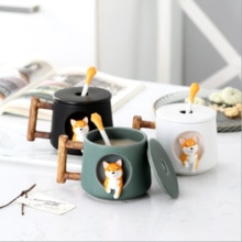 Cartoon Ceramic Mug Cute 3D Shiba Inu Dog Spoon Milk Tea Coffee Cup