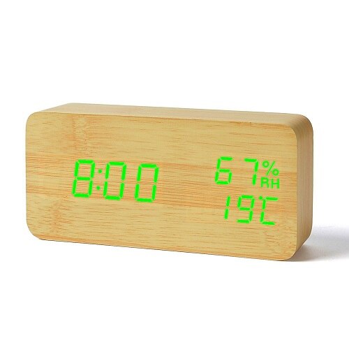 Suncree Wood Wooden LED Alarm Clock,Despertador Temperature Humidity Electronic Desktop Table Digital Clocks: bamboo green