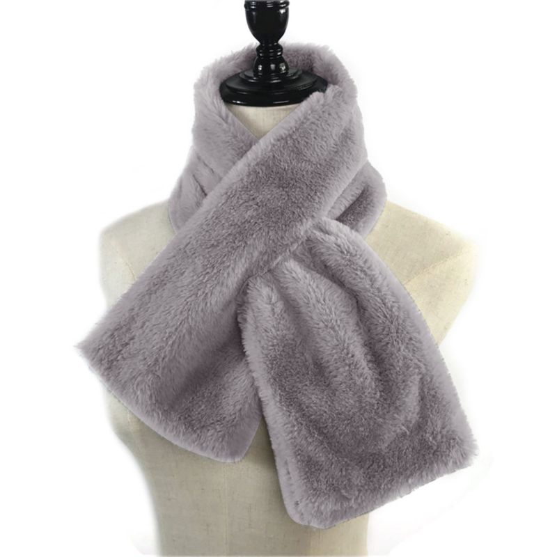 15 x 90cm kvinder vinter tykkere plushfur tørklæde solid slik farve krave sjal hals varmere skuldertræk strikket halstørklæde l: Grå