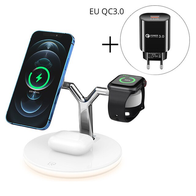 15W Magnetic Wireless Charger 3 in 1 Fast Charging Station for Magsafe iPhone 12 pro Max Chargers for Apple Watch Airpods pro: With EU Plug W