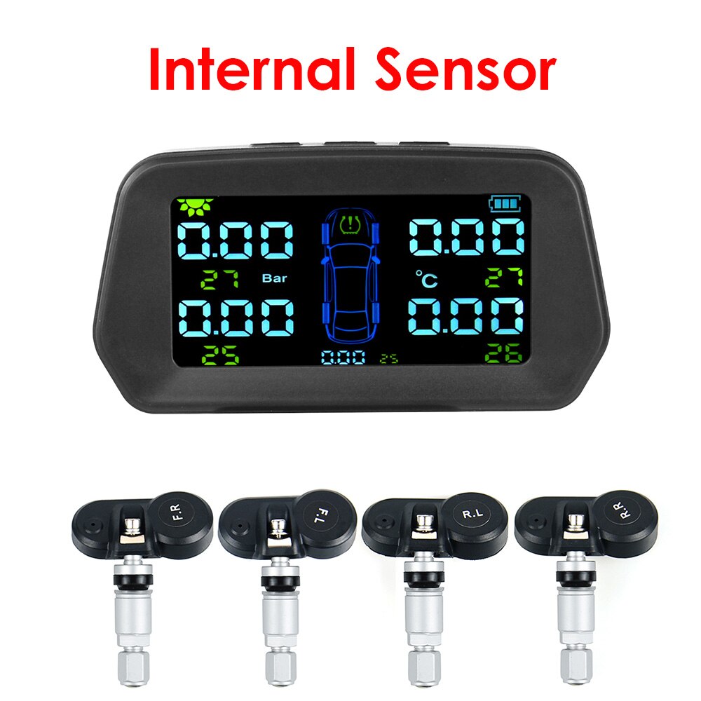 TPMS Tire Pressure Alarm Monitor Solar Power Tyre Pressure Monitoring System with 4 External Sensors Auto Alarm Security: internal