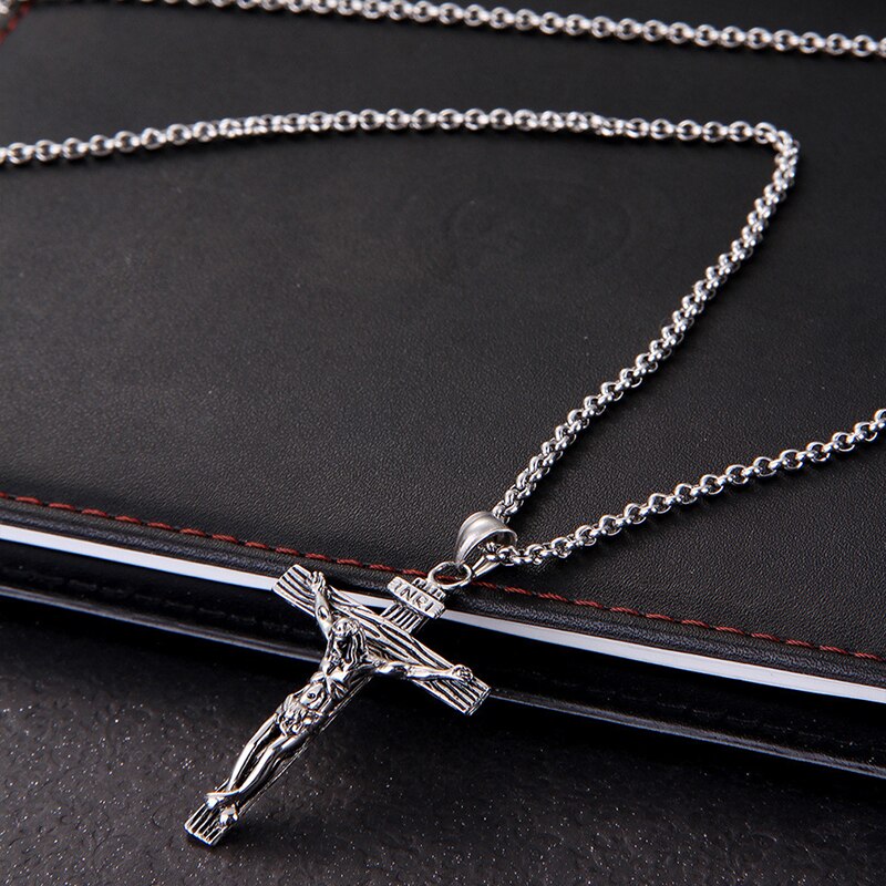 Cadena de acero inoxidable con crucifijo para hombre, collar con colgante de pieza de Jesús, Cruz INRI, Color dorado, de joyería cristiana