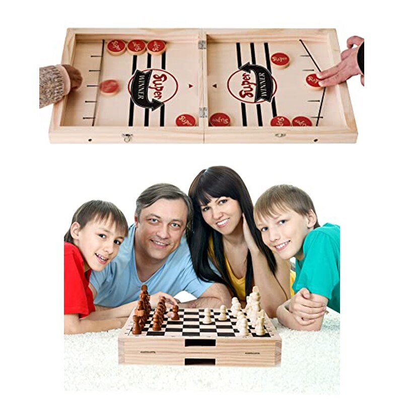 2-in-1 Table Hockey & Chess Game - Foldable Wooden Board - Parent-Child Interactive Toy