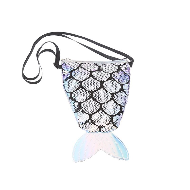 Sequins Hologram Fish Tail Coin Purse Mini Travel Crossbody Shoulder Bag for Women Girls: Silver