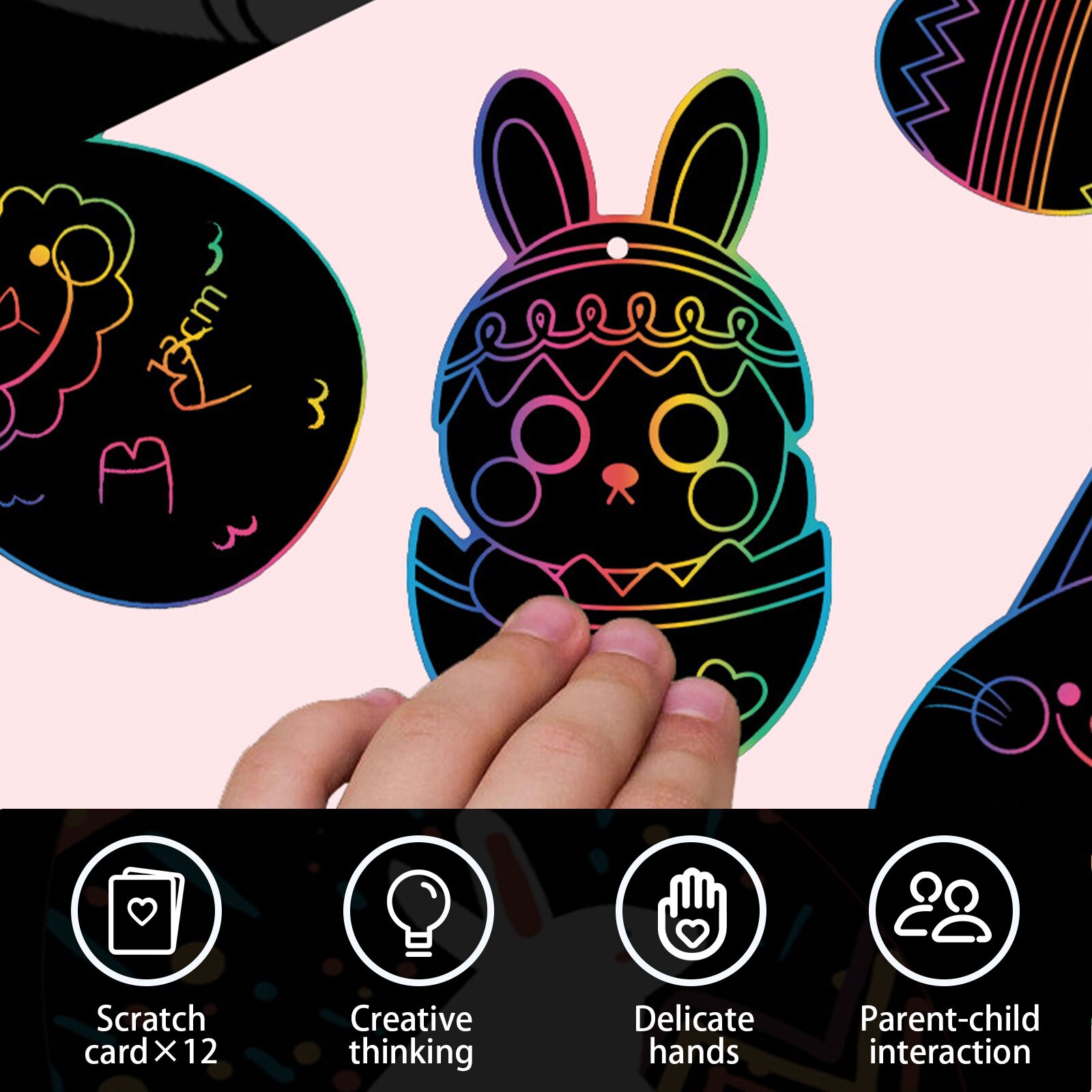 DIY Easter Egg Rainbow Easter Egg Rabbit Chick Scratch Art Ornaments with Ribbons Scratching Pens for Kids Hunt Party
