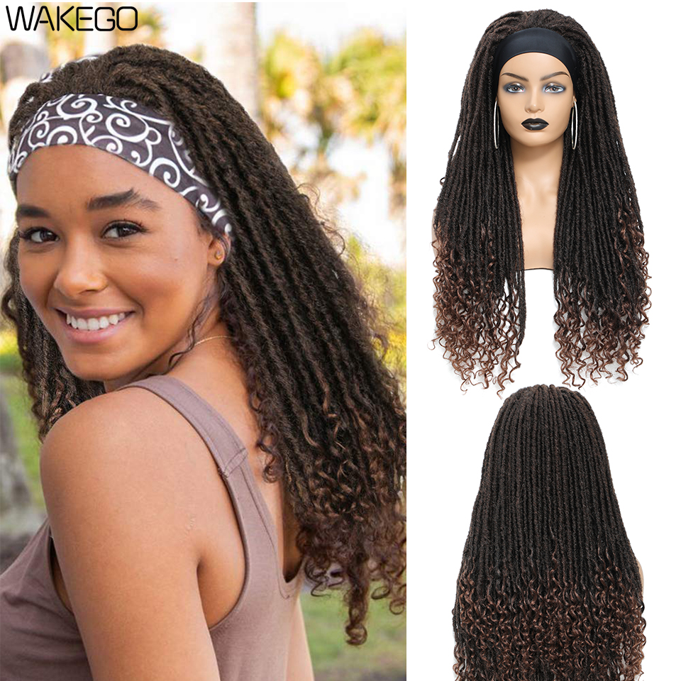 Wakego Wig Ombre Headband Wig 1B/1B 27/1B 30/1B Grey Colors Dreadlock Wig Turban Wig Curly End Goddess Faux Locs Braided Wig