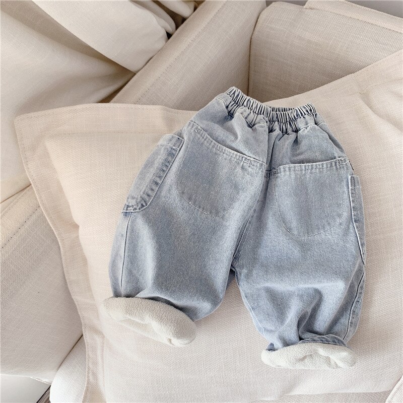 5553 børn varme bukser vinter koreanske baby drenge plus fleece bukser afslappede denim bukser 1-7t piger vinter jeans outfits